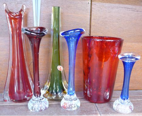 Two Murano glass vases, a Whitefriars glass vase and three Swedish glass 'bone' vases