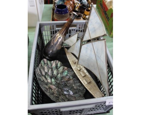 A glass and metal boat, Abalone shell dish plus an unusual silver plated and wood flask