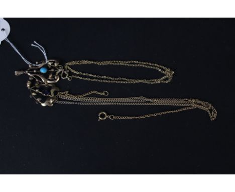 Two 9ct gold Art Nouveau style pendants, one set with turquoise stones, both on gold plated chains