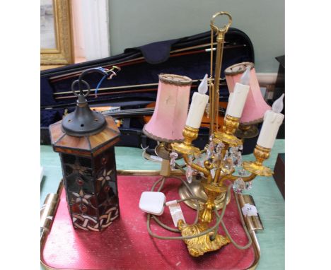 Two table lamps plus a leaded glass hall lantern