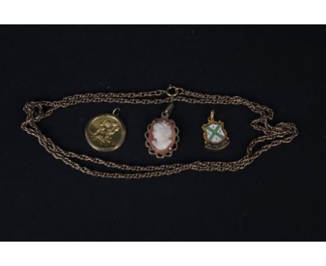 A 9ct gold St Christopher pendant (as found), a 9ct gold enamelled Plymouth charm, a 9ct gold cameo pendant and a yellow meta