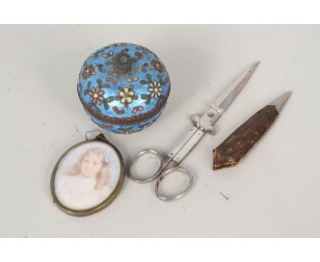 A Chinese enamel pot, steel and mother of pearl scissors plus a portrait miniature of a girl