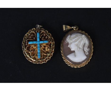 A 9ct gold mounted shell cameo pendant, a yellow metal pendant with filigree design, turquoise set cross (as found)