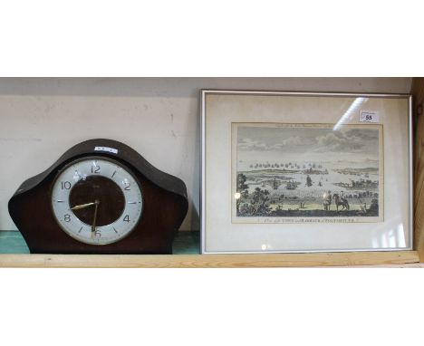 An 18th Century coloured view of the town and harbour of Portsmouth and a Smiths mantel clock