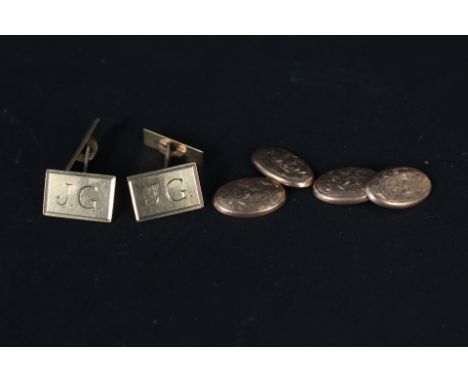 Two pairs of 9ct gold cufflinks, one pair with engraved initials