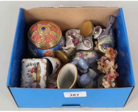 Small china items to include two Royal Worcester birds, Limoges trinket box, Meissen trinket box (as found), figurines etc