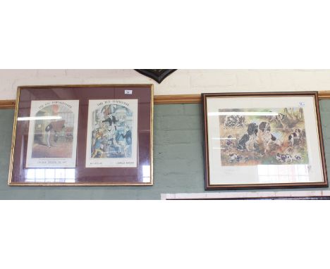 A limited edition Gillian Cairns dog print, pencil signed plus two framed sheet music covers