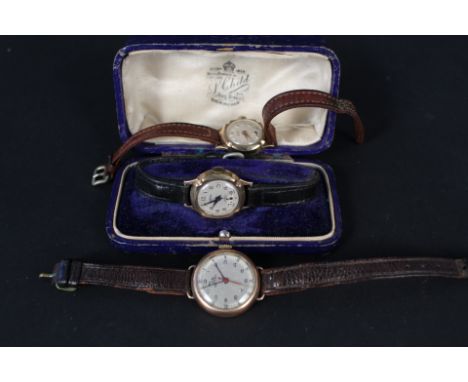 Three 9ct gold cased ladies watches, all on leather straps, one boxed