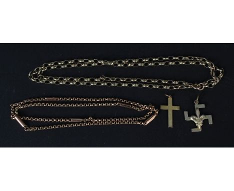 Two 9ct gold necklaces, a small 9ct gold cross pendant and another small 9ct gold pendant