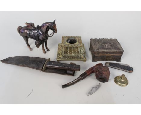 A Victorian brass inkwell, horse cigarette lighter, dagger and sundries