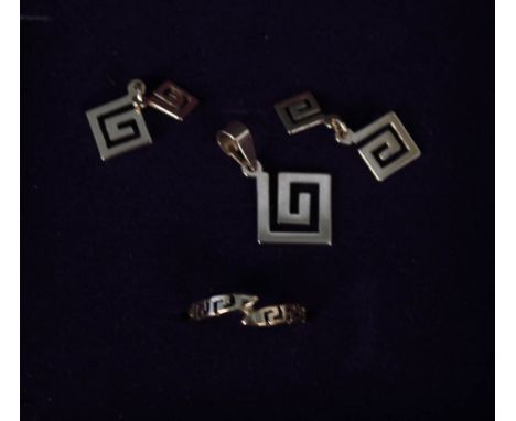 A 14ct gold Greek key design suite comprising of a ring, pendant and earrings