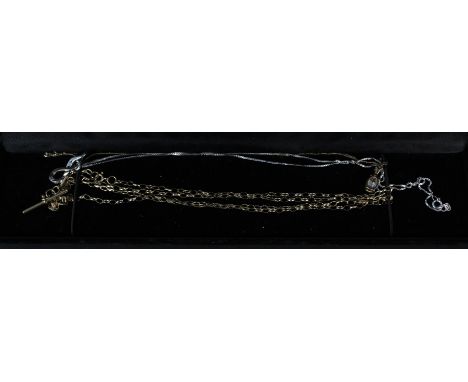 A 9ct white gold chain with silver pendant, a 9ct gold fine link chain with pendant and a long 9ct gold chain with T-bar pend