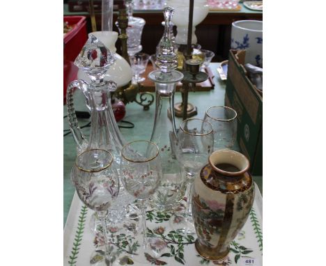 A cut glass claret jug, engraved decanter and glass set plus a Satsuma vase (as found)