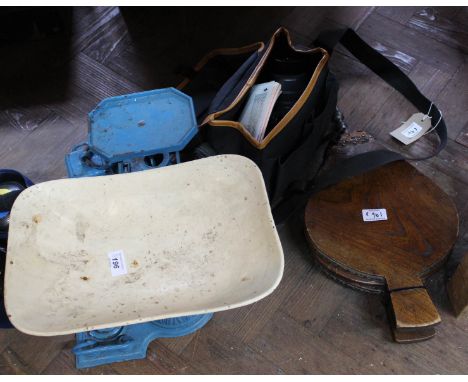 Iron kitchen scales and weights, elm bellows plus a Pentex camera and accessories