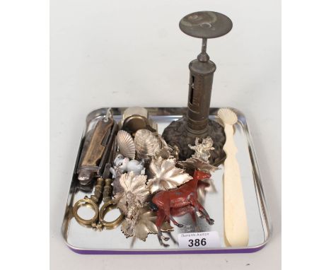 Two silver plated place markers, scales and other items