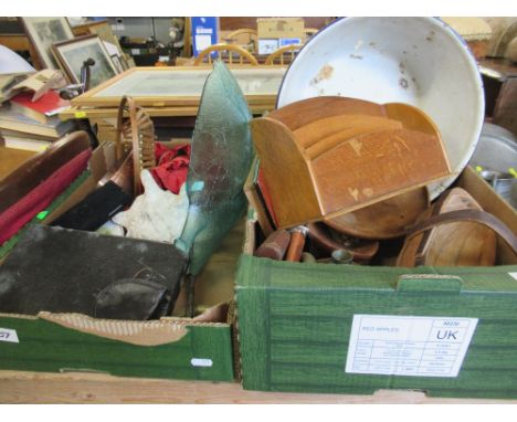 Three boxes of sundries to include bell, oil lamp, shell etc