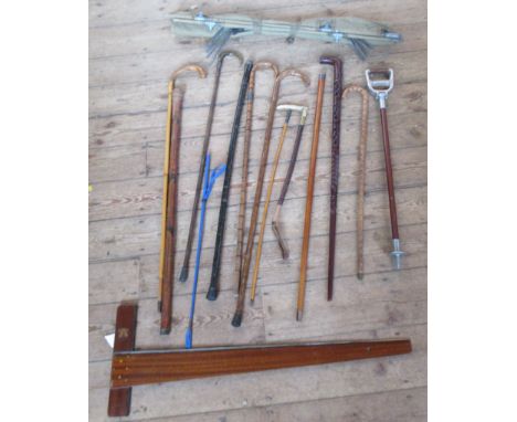 A collection of walking sticks, some with silver mounts, some carved, together with a swagger stick, a hunting crop, shooting