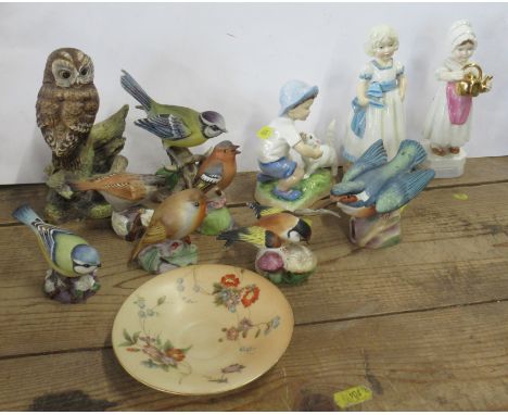 Three Royal Worcester figures, together with six Royal Worcester birds, a Grainger saucer and two other bird models