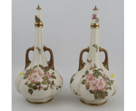 A pair of Royal Worcester glided ivory quarter lobed vases, decorated with flowers and shot silk with insects, height 15.25in