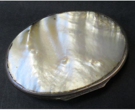 An Antique white metal oval snuff box, set with mother of pearl, width 3ins