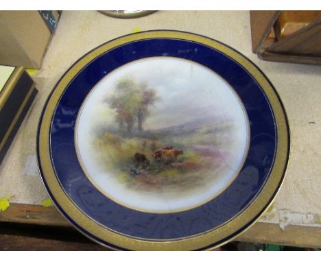 A Royal Worcester plate, decorated with English cattle in landscape by H Stinton,&nbsp; dated 1921, af, diameter 9.25ins