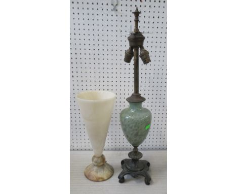 A glass and metal table lamp base, height 24ins, together with an alabaster style lamp, height 13ins