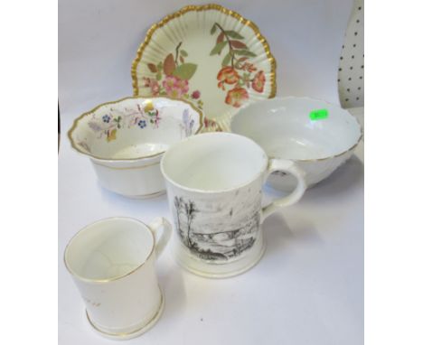 A Royal Worcester plate, decorated flowers, together with a Barr Worcester bowl, a mug printed with a view of Ironbridge, ano