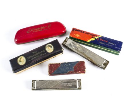 Hohner Harmonicas, five Hohner harmonicas including Educator II in Original Case, Hohner Band in original case, Echo Deluxe i