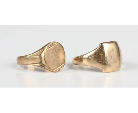 A 9ct gold rectangular signet ring, Birmingham 1955, ring size approx V, and a 9ct gold oval signet ring, Birmingham 1988, ri