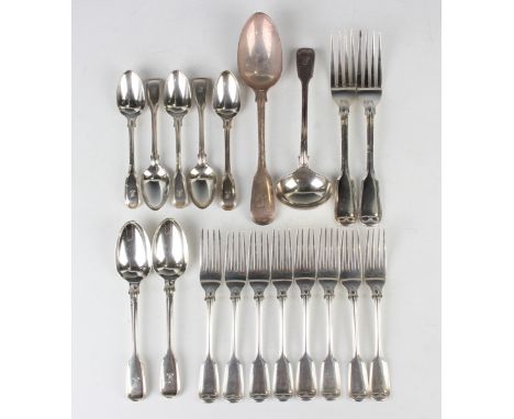 A Victorian part canteen of silver Fiddle and Thread pattern cutlery, crest engraved, comprising a tablespoon, two table fork