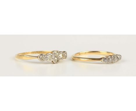 An 18ct gold ring, mounted with six cushion cut diamonds, Chester 1922, weight 1.8g, ring size approx Q, and a gold and diamo