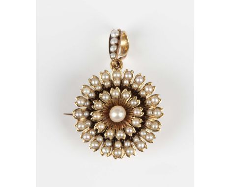 An Edwardian gold and half-pearl pendant brooch, designed as a flowerhead, with a detachable suspension loop and screw brooch