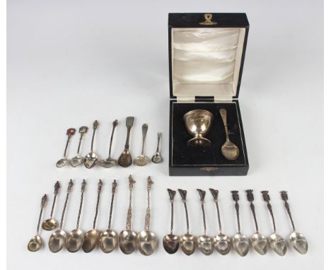 An Elizabeth II silver christening egg cup and spoon, Birmingham 1967 by W.I. Broadway &amp; Co, cased, a group of silver tea