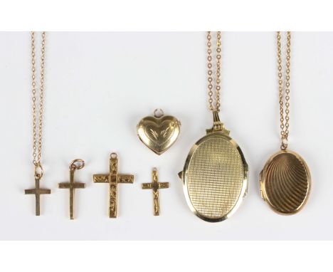 A 9ct gold pendant cross, length 1.8cm, with a gold neckchain on a boltring clasp, detailed '9ct', length 42.5cm, three furth