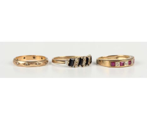 A 9ct gold, ruby and diamond half eternity ring, mounted with a row of five square cut rubies alternating with four small dia