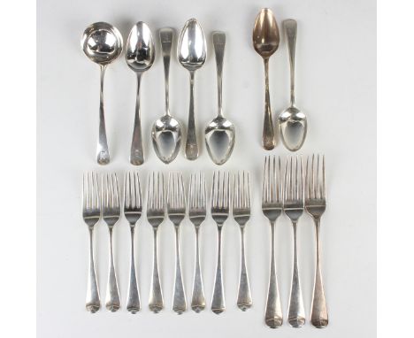 A George III silver Old English pattern sauce ladle, crest engraved, London 1791, and a group of George III and later silver 