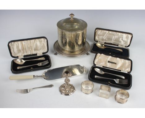 Two pairs of silver christening spoon and fork sets, Sheffield 1909 and Sheffield 1935, both cased, and a small group of othe
