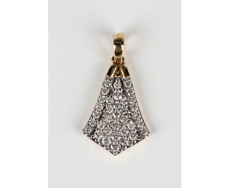 A 9ct gold and diamond drop shaped pendant, mounted with circular cut diamonds, weight 1.7g, length 2.3cm, with two authentic