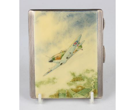 A George VI silver rectangular engine-turned cigarette case, the hinged lid later decorated with an aerial view of a Spitfire