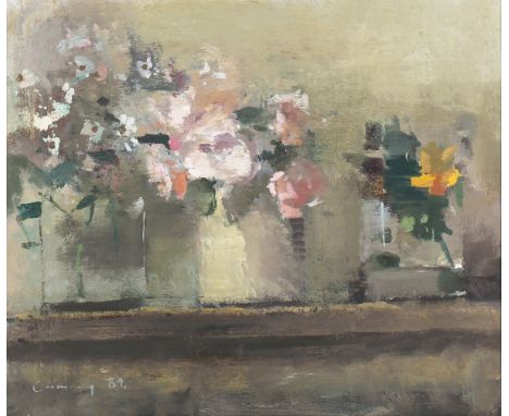 Fred Cuming - 'Roses 1', 20th century oil on board, signed and dated '89 recto, titled to Jonleigh Gallery label verso, 29cm 