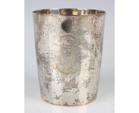 An early 19th century Portuguese silver beaker of Napoleonic interest, circa 1810, the tapering cylindrical body engraved wit