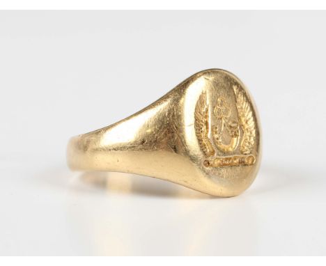 An 18ct gold signet ring, seal engraved, Birmingham 1941, weight 10.4g, ring size approx P, with a case.Buyer’s Premium 29.4%