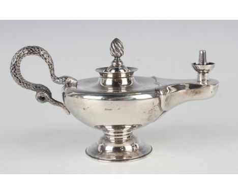 A George VI silver novelty table lighter in the form of Aladdin's lamp, fitted with a detachable liner, cover with spiral fin