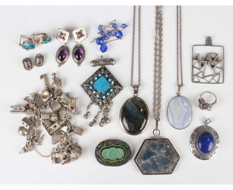 A group of silver and other jewellery, comprising a charm bracelet, the heart shaped padlock clasp detailed 'Silver', a Chine