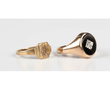 A 9ct gold rectangular signet ring, monogram engraved, London 1942, ring size approx N1/2, and a 9ct gold, black onyx and dia