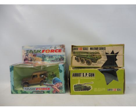 An Airfix circa 1970s 1/32 scale military series Abba SP gun and an Alvis Stalwart, a Britains Action Force box etc. 