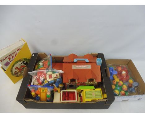 A quantity of vintage Fisher Price including playsets, vehicles and figures. 