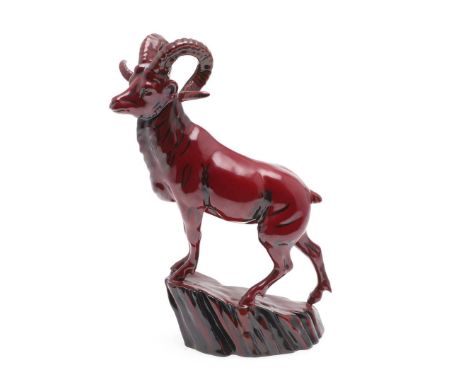 A large Royal Doulton flambe model of a 'Hebei Goat', BA 36, limited edition 52/250, boxed and with its certificate. 25.5cms 