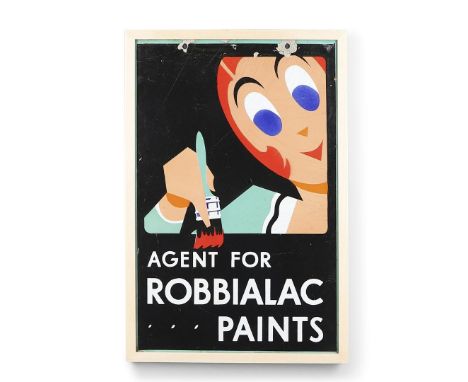 A double sided enamel pictorial sign, 'Agent for Robbialac Paints', mounted in a wooden frame. With pierced holes to the top,