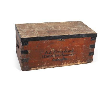 A large wooden and metal bound trunk, marked on the front 'E.L. Croslegh, XXIII Sikh Pioneers, Calcutta', with further writin